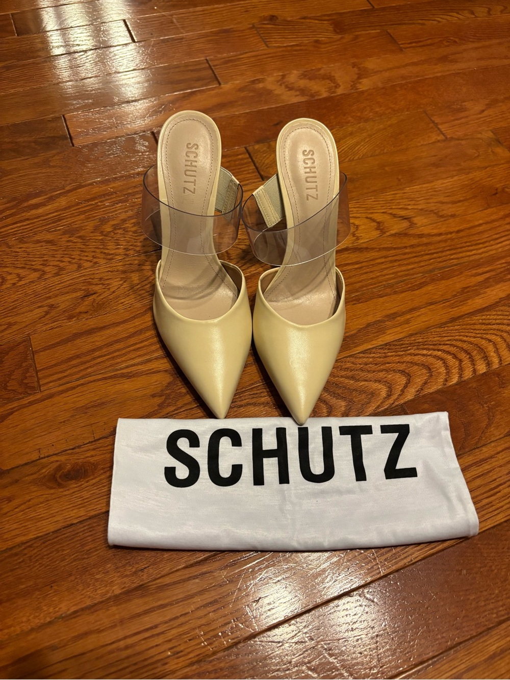SCHUTZ Sionne Cream Pointed-Toe Mule with Clear Band Size 8.5 + Dust Bag